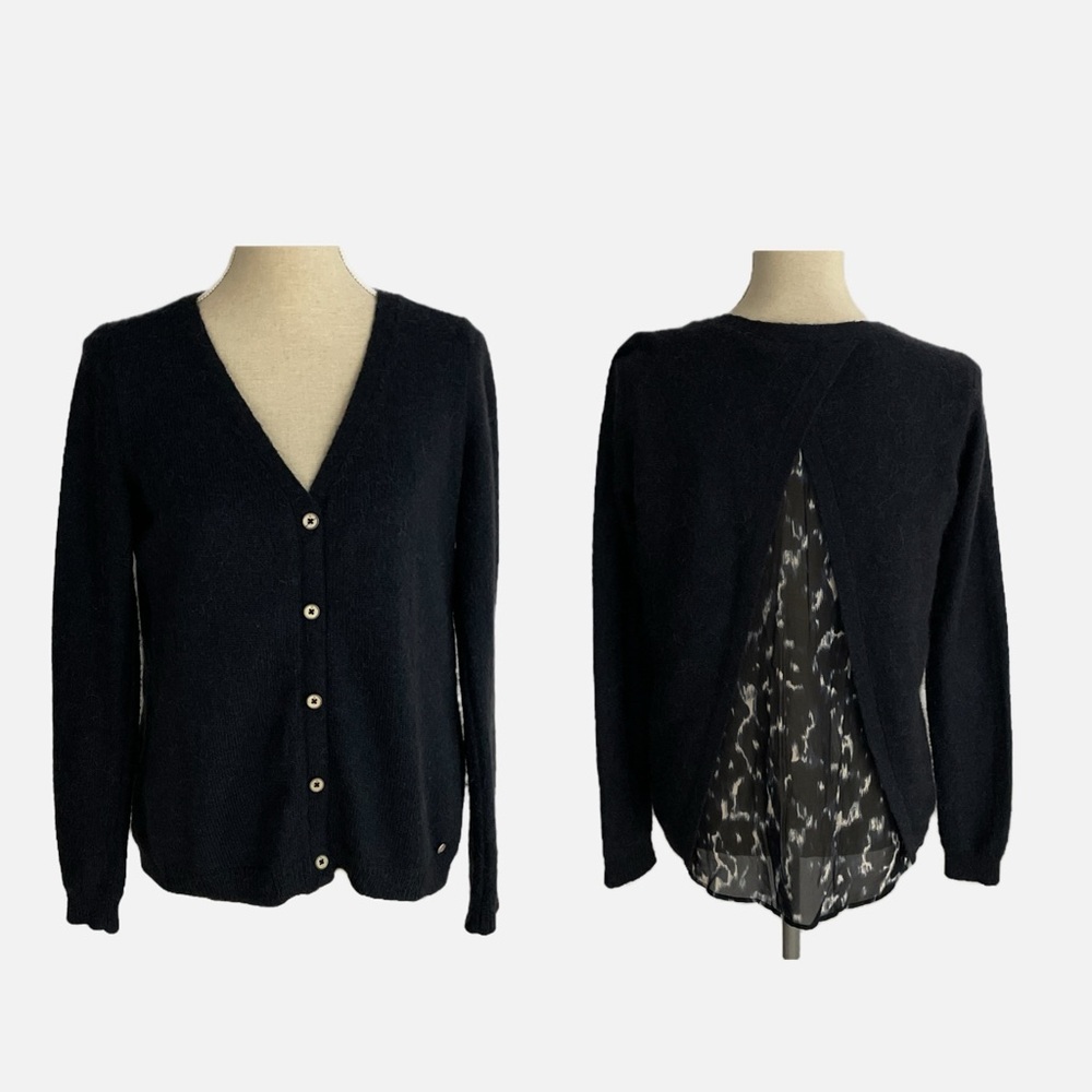 Garcia Jeans Cardigan Women Small Blue Mixed Media Sheer Split Back Knit Sweater